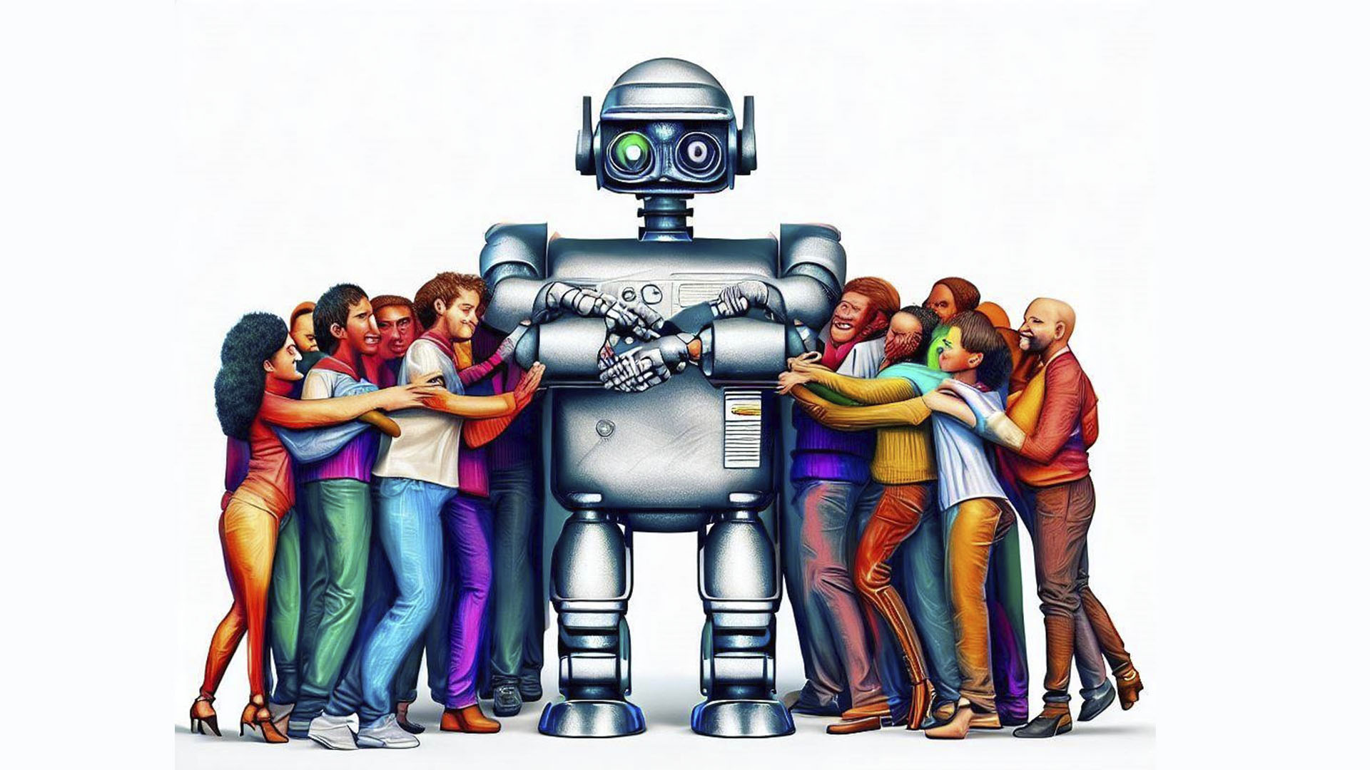 Inteligencia Artificial Robot abrazado por personas